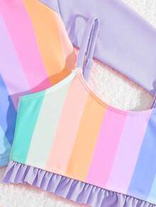 SHEIN 少女彩色条纹泳衣套装 - 紫色 - 查看 7