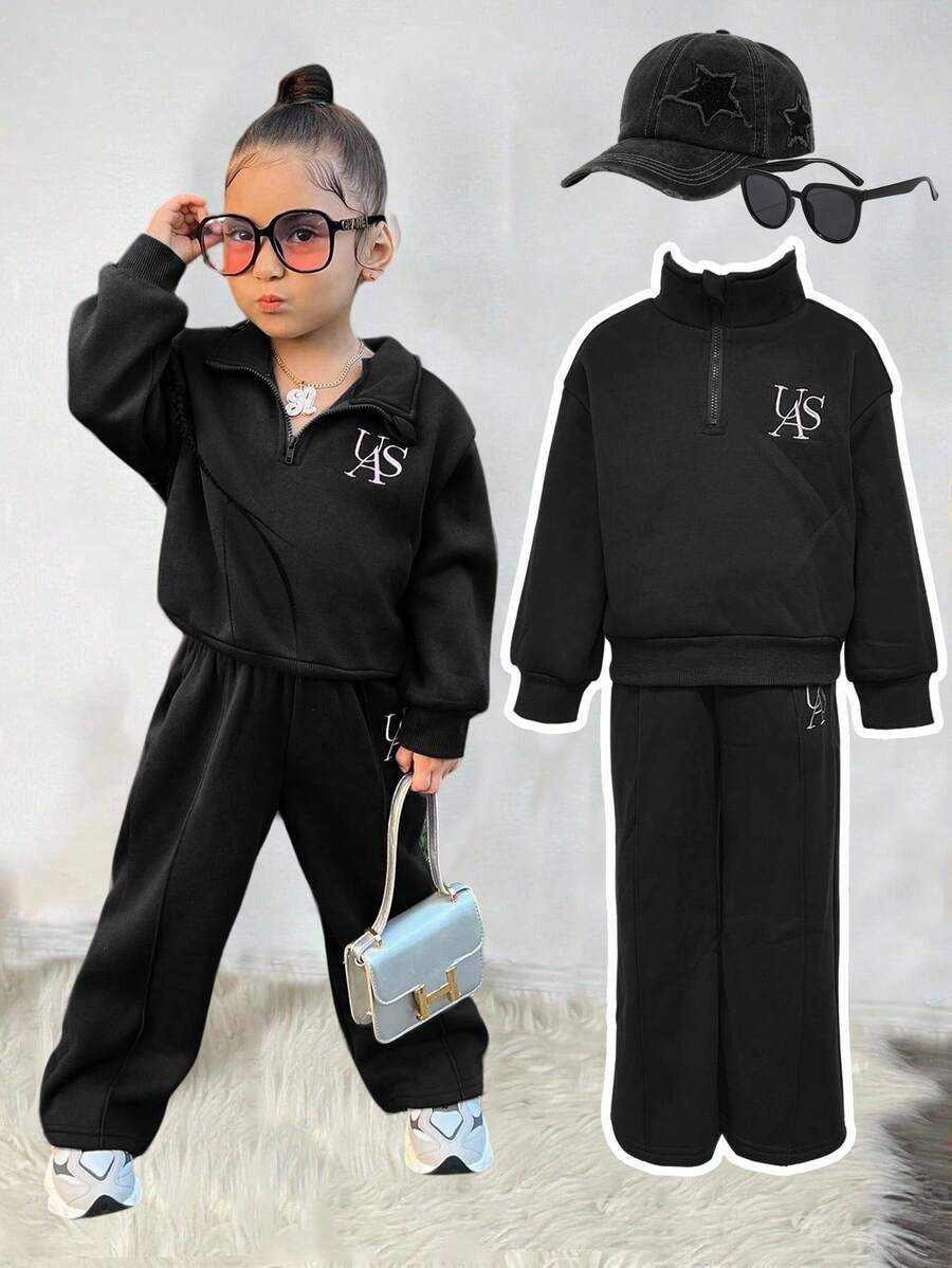 SHEIN 2件套女童刺绣字母拉链连帽衫和裤子套装,保暖内衬,适合外出、居家和休闲穿着,秋冬季儿童泳装套装,长款儿童两件套,儿童韩流服装,快速发货运动服套装,女童套装 - 黑色 - 查看 1