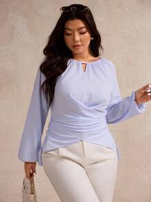 SHEIN LUNE 秋冬季女士休闲串珠条纹裹腰衬衫、工作/办公室、下午衬衫茶、街头日常衬衫 - 藍白色 - 查看 3