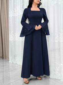 Modelyn Flared Sleeve, Rhinestone Decor, Heterogeneous Material Patchwork Waist Cinched Elegant Party Dress, Flattering - Navy Blue - View 2