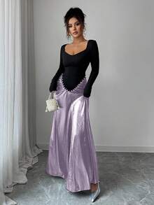 Elenzga Women's Solid Color Patchwork Long Sleeve Dress - Mauve Purple - View 7