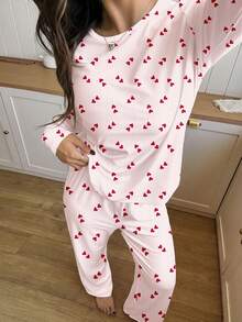 Retro Sweet Super Cute Mini Striped Heart Print, Pink, College Style Fashionable Casual Vibe, Ballerina Style, Dopamine, Tween Girl Casual Slim Fit Crew Neck Long Sleeve Top And Pants Loungewear, Suitable For Autumn/Winter - Multicolor - View 3