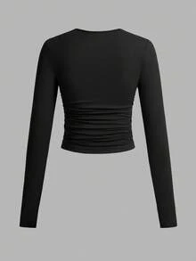 SHEIN EZwear 3件套女士休闲纯色圆领褶皱长袖T恤，秋冬季 - 彩色 - 查看 7