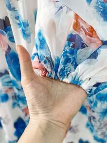SHEIN Clasi Plus Size Women Rose Print V-Neck Long Sleeve Waist Cinched Flared Romantic Elegant Dress - Blue - View 3