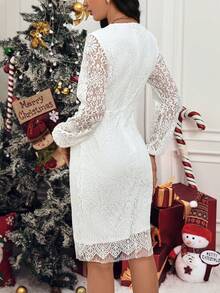 SHEIN Women's Elegant Lace Round Neck Party Dress - White - View 2