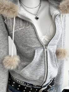 Elamini Women's Casual Fur Collar Embroidered Hooded Jacket, Autumn/Winter