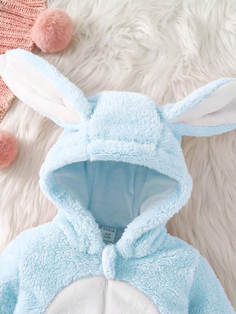 SHEIN Playful Pals Pelele con capucha de tela suave para recién nacidos con lindas orejas 3D de conejo, pantalones y manga larga, conjunto de invierno para niños - Celeste - Añade 7