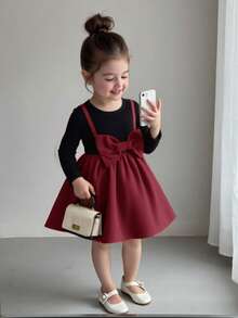 Emery Rose Kids Emery Rose Kids 可爱少女二合一大蝴蝶结前装饰连衣裙，舒适甜美，非常适合夏季和秋季的休闲日常穿着和上学穿着，学院风，母女装，上学日常穿着。 - 酒紅色 - 查看 9