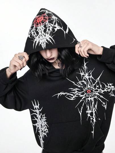 Goth sweat-shirt à capuche doublé thermique pour femmes, style gothique avec imprimé épines et œil
