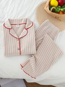 女童提花羊毛罗纹面料长袖上衣和裤子撞色边家居服套装 - 彩色 - 查看 7