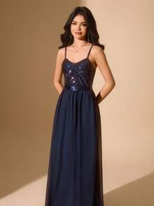 Vestido de malla con contraste de lentejuelas y cintura ceñida, adecuado para bodas, galas, actuaciones, fiestas de cumpleaños, Navidad para adolescentes - Azul Marino - Ver 6