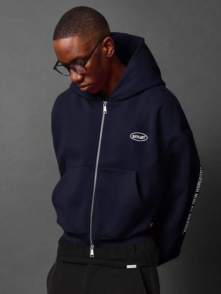 Cropped Zip Up Hoodie With Side Text Print