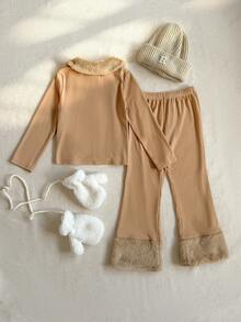 PrepCrw Young Girls' Collegiate Style Faux Fur Collar Front Button Jacket And Flare Leg Pants Set - Multicolor - View 2