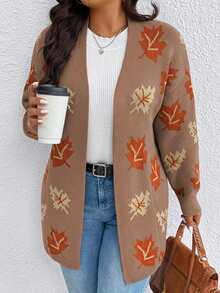EMERY ROSE Plus Size Dropped Shoulder Casual Maple Leaf Jacquard Knit Cardigan - Camel - View 1
