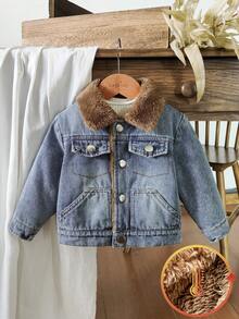 SHEIN Áo khoác cardigan denim cổ bẻ tay dài dáng rộng unisex cho bé trai, thích hợp cho các hoạt động thường ngày, tụ họp cuối tuần, cắm trại ngoài trời, phong cách thường ngày ở trường học, size 6M-3T. Áo khoác denim cho bé trai, áo khoác denim cho bé, áo khoác denim cho bé trai, áo khoác denim, áo khoác jeans cho bé, áo khoác denim kiểu Hàn Quốc. - Nhiều màu - Xem 4