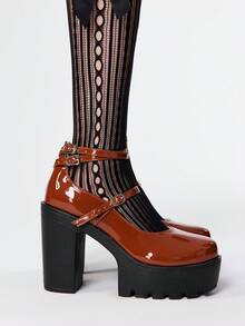 ROMWE Kawaii Women Shoes Brown High Heels Closed Toes Thick Heel One-Buckle Mary Jane Small Leather Shoes, Multi-Buckle Party Dress Shoes Women's High Heel Shoes - Brown - View 4