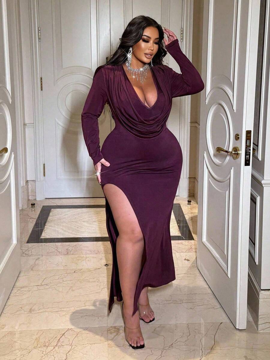 NU&NOW Plus Size Women's Dark Purple Solid Knit Deep Draped Neck Bodycon Long Sleeve Maxi Dress,Curve Elegant Cocktail Party Outfit,Autumn Slit Hem - Purple - View 1