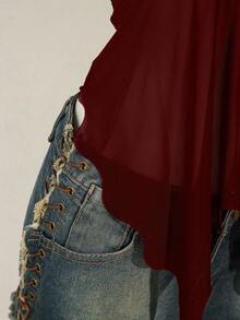 SHEIN ICON 露背低胸金属扣装饰不对称下摆网眼拼布背心 - 酒紅色 - 查看 8