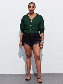 Maija Plus Size Women Floral Button Dropped Shoulder Knit Sweater, Elegant For Urban Commute, Business, Casual, Christmas, New Year Party