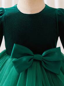 Glamorique Kids Girls' Green Velvet Evening Dress With Tulle Puff Skirt, Satin Bow Decoration, Long Sleeves, Baby Birthday Dress, Banquet Party Costume, Stage Performance Costume, High-End Children's Dress - Green - View 4