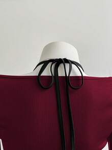 Elamini Áo thun tay dài cổ chữ V phối ren dệt kim màu đen, dáng ôm, phong cách cổ điển thanh lịch, phù hợp khi đi làm, thường ngày, hẹn hò, xuân/thu - Màu Đỏ Sâu - Xem 5