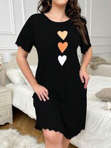 Camisón de noche informal con estampado de corazón para tallas grandes, vestido de dormir tipo "Moo Moo" - Negro - Ver 5