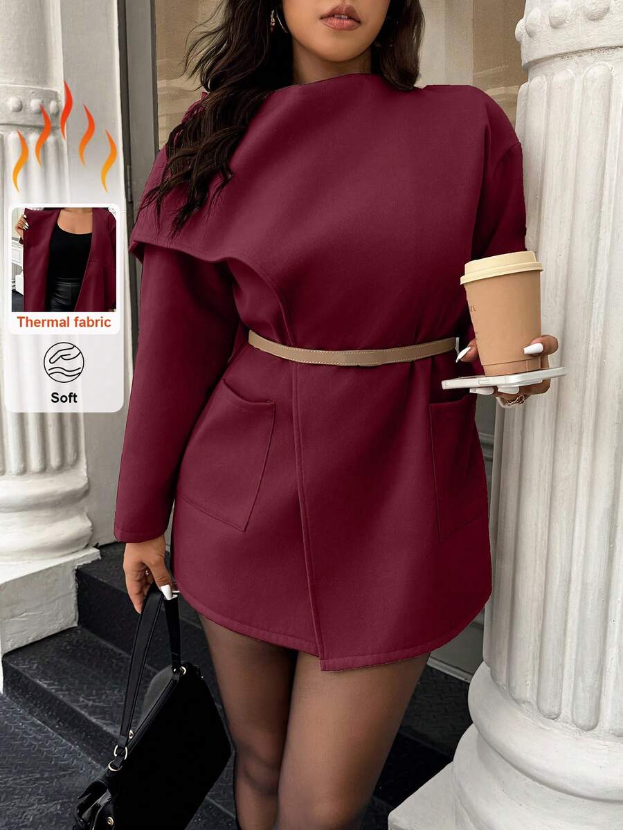 Easura Plus Size Fashionable Woolen Scarf Coat, Autumn/Winter - Burgundy - View 1