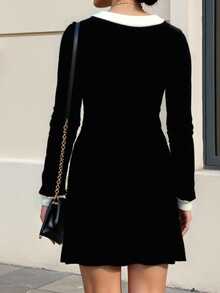 SHEIN Glamour SHEIN Spring And Summer Elegant Autumn New Single-Piece Knitted Black 
And White Long-Sleeved Round-Neck Mid-Length Women's Party Cardigan New Year Dress - Black and White - View 11