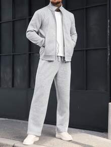 Manfinity CasualCool 男士休闲日常通勤简约纯色高领拉链外套搭配抽绳直筒裤套装，秋季款