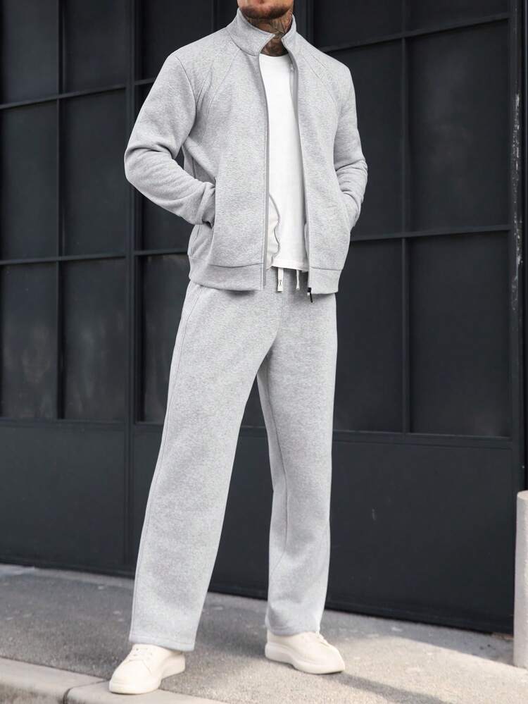 Manfinity Homme メンズカジュアル 通勤 シンプル 無地 ハイカラー ジップアップジャケット ドローストリング ウエスト ストレートレッグパンツ セット 秋 - グレー - 見る 6
