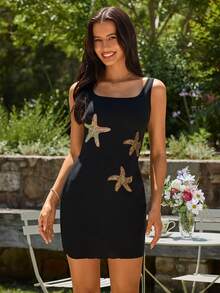 KARISMINA Solid Color Knitted Pentagram Metal Accessory Fitted Square Neck Sleeveless Mini Dress For Women - Black - View 1