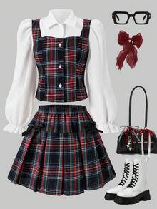 少女格子领泡泡袖开衫搭配松紧腰百褶裙，学院风，适合春、秋、冬季穿着。