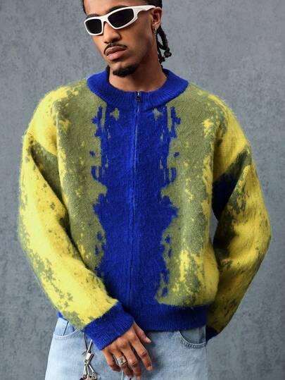 Street Life Men's Contrast Color Round Neck Long Sleeve Casual Jacquard Knit Cardigan, Autumn/Winter