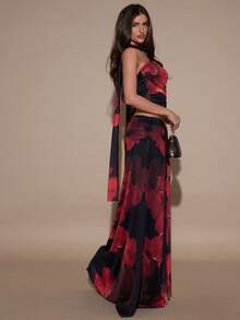 SHEIN BAE 印花抹胸上衣和半身裙套装，冬季两件套，秋季女装，沙滩装，下午茶，适合派对、鸡尾酒会、正式场合、伴娘裙、生日派对 - 黑色 - 查看 1