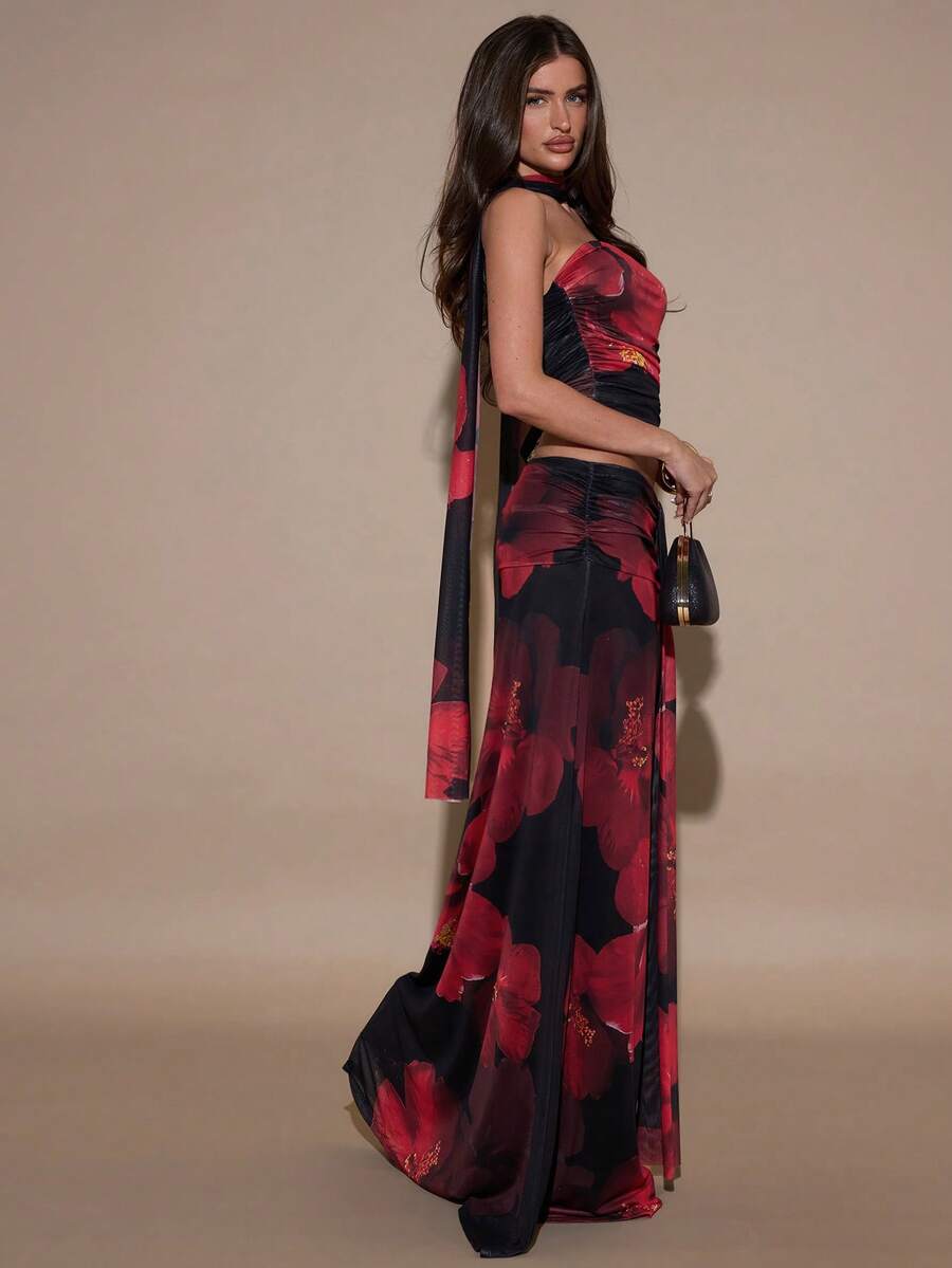 SHEIN BAE 印花抹胸上衣和半身裙套装，冬季两件套，秋季女装，沙滩装，下午茶，适合派对、鸡尾酒会、正式场合、伴娘裙、生日派对 - 黑色 - 查看 1