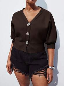 Maija 大码女式纯色修身优雅针织毛衣，适合都市通勤、商务、休闲、圣诞节、新年派对等场合 - 棕色 - 查看 6