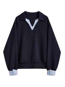 Airaco Áo nỉ nữ có cổ polo kẻ sọc và viền tay áo - Màu xanh hải quân - Xem 3