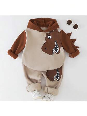 THE HAPPY LOOK 2pcs/Set Young Boy Cartoon Dinosaur Pattern Knit Soft Crew Neck Long Sleeve Pullover Sweatshirt And Elastic Waist Pants