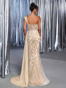 Glamrae Elegant Luxurious Embroidered Sequin Lace Satin Splice Slit Fishtail Formal & Evening Dress With Side Drape,Suitable For Weddings,Parties,Balls - Apricot - View 2