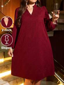 EMERY ROSE 大尺碼酒紅色秋季優雅正式V領燈籠袖寬鬆洋裝，純色冬季聖誕新年時尚派對洋裝 - 卡其色 - 查看 3