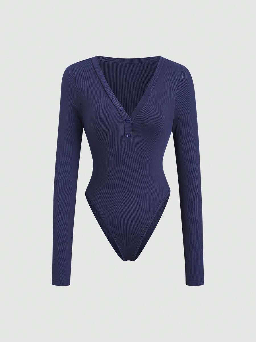 SHEIN PETITE 女士秋冬美式性感纽扣V领弹力修身连体衣 - 藏蓝色 - 查看 1