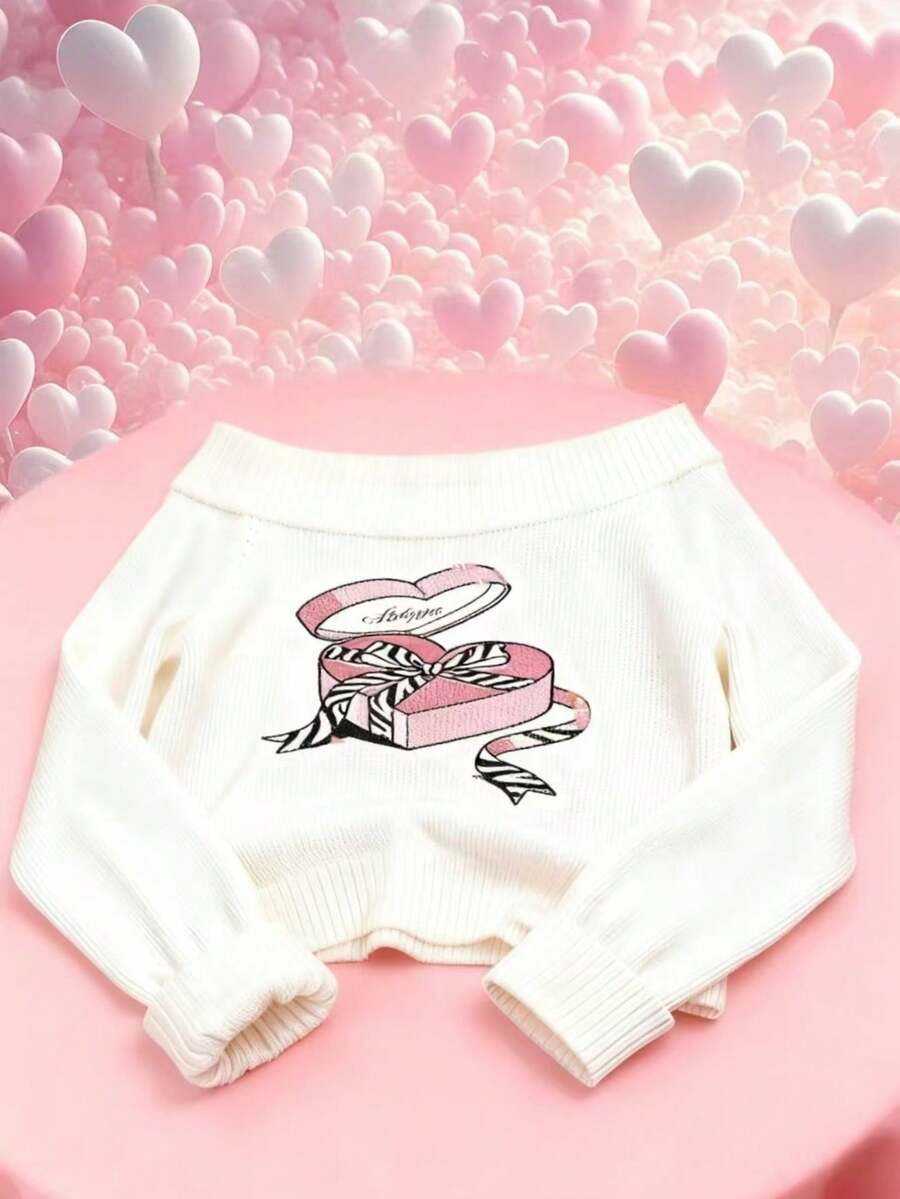 INAWLY Suéter holgado de manga larga con hombros descubiertos y estampado de caja de regalo con corazón, de punto - Blanco - Ver 1