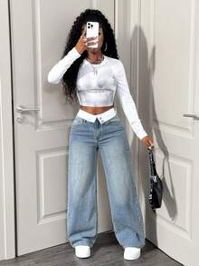 Slaydiva 女士牛仔裤，阔腿牛仔裤，Y2K 宽松牛仔裤，夏季牛仔裤，双层腰带，做旧水洗，浅蓝色牛仔裤。 - 淺色水洗藍 - 查看 6