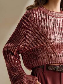 Anewsta Fashionable Gradient Gold Foil Flare Sleeve Cropped Sweater