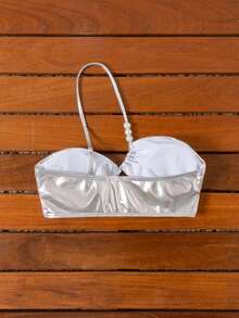 Swim SXY Top de bikini asimetric cu mărgele metalice încrucișate, sexy, pentru femei, de vară, la modă pentru plajă și vacanță - Argint - Vizualizare 2