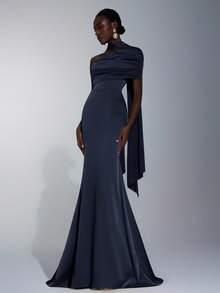 Elitara 优雅、浪漫、性感、时尚、绿色、弹力缎面、鱼尾下摆、拖尾、潮流、网红、假日、度假、生日派对、婚礼、伴娘礼服 - 藏蓝色 - 查看 5