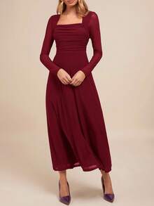 Amorya Damen elegantes A-Linien-Kleid mit quadratischem Ausschnitt und Langarm, Lila, geeignet für Partys, Herbst/Winter - Bordeaux - Übersicht 6