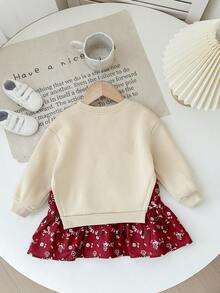 Bộ 1 chiếc thắt lưng dễ thương đa năng cho bé gái với họa tiết thỏ dễ thương và vui tươi có trang trí nơ lớn, áo nỉ cổ tròn viền ghép, áo nỉ hoa, váy liền thân thoải mái, thời trang đa năng, mặc hàng ngày, thích hợp cho trong nhà, ngoài trời, hàng ngày, thể thao, vui chơi, tiệc tùng, chụp ảnh, nghỉ mát, lễ hội, thích hợp cho mùa thu và mùa đông - Màu Khaki - Xem 9