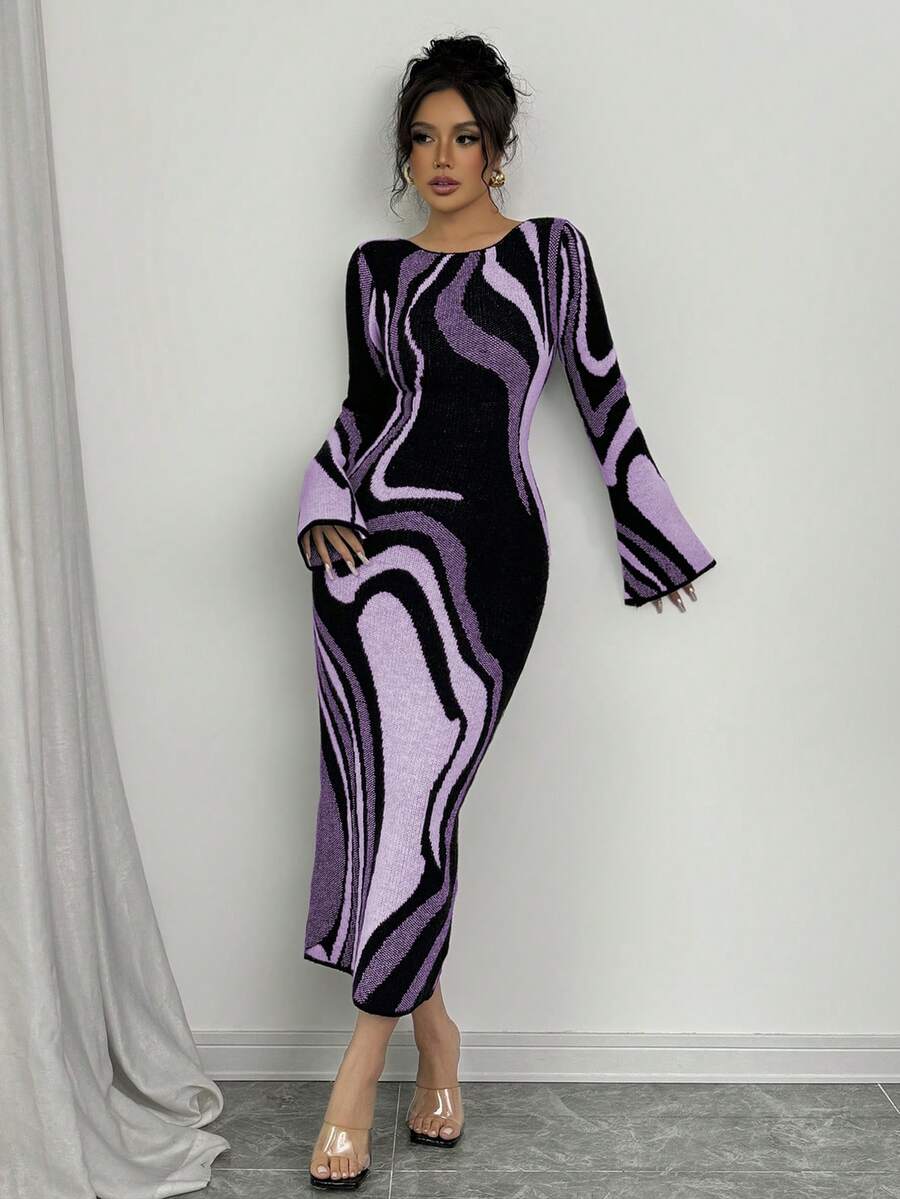 Elenzga Women's Fashion Casual Color Block Bodycon Waist Dress - Mauve Purple - View 1