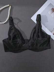 SHEIN 1pc Fashionable & Elegant Solid Color Mesh Patchwork Floral Trim Unlined Underwire Bra, Plus Size - Black - View 6